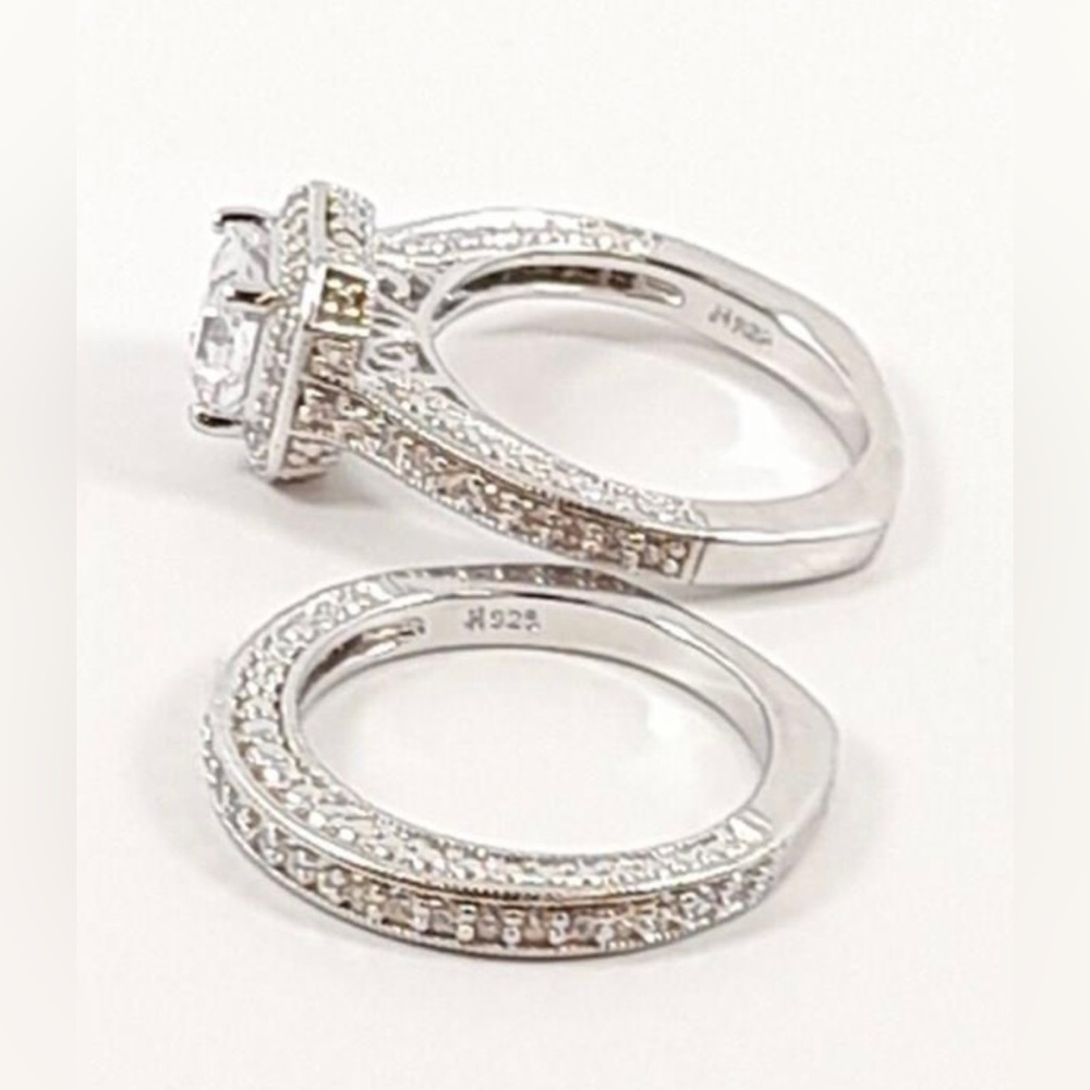 925 Silver Cushion Cut Center CZ Bridal Set of 2 Rings
